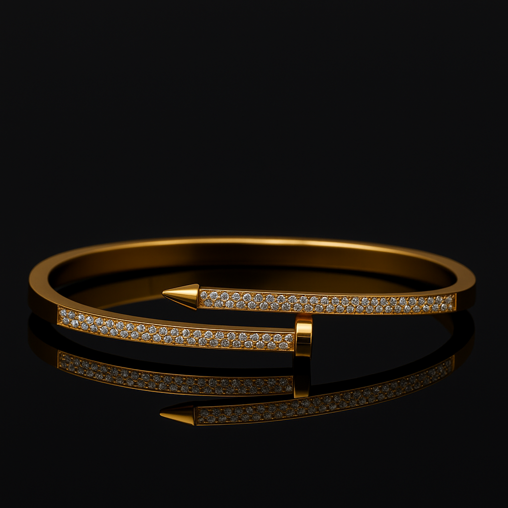 Gold bracelet with diamond accents on a black background