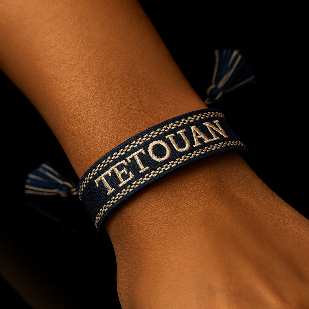 Bracelet with 'Tetouan' text on a wrist against a dark background