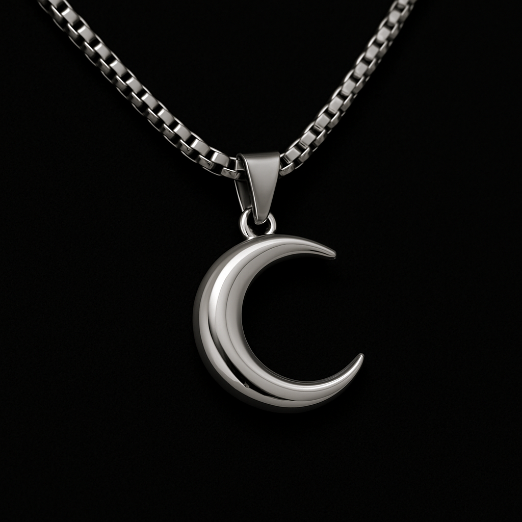 Silver crescent moon necklace on a black background